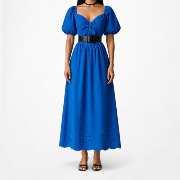 Lauren Conrad Blue Puffy Sleeve Cutout Babydoll Shift Midi Dress Size M - Picture 3 of 7